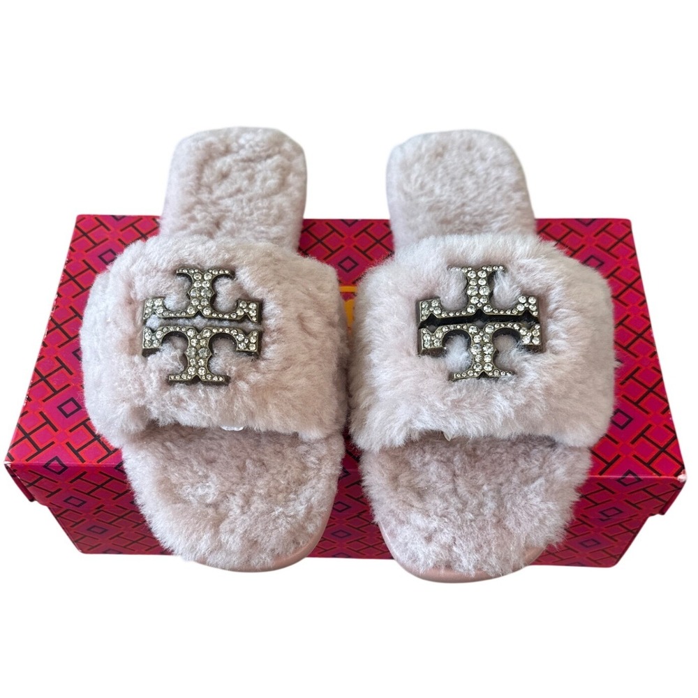 Tory Burch Everly Jeweled Shearling Slides‎ Meadowsweet Pink Sz 8.5